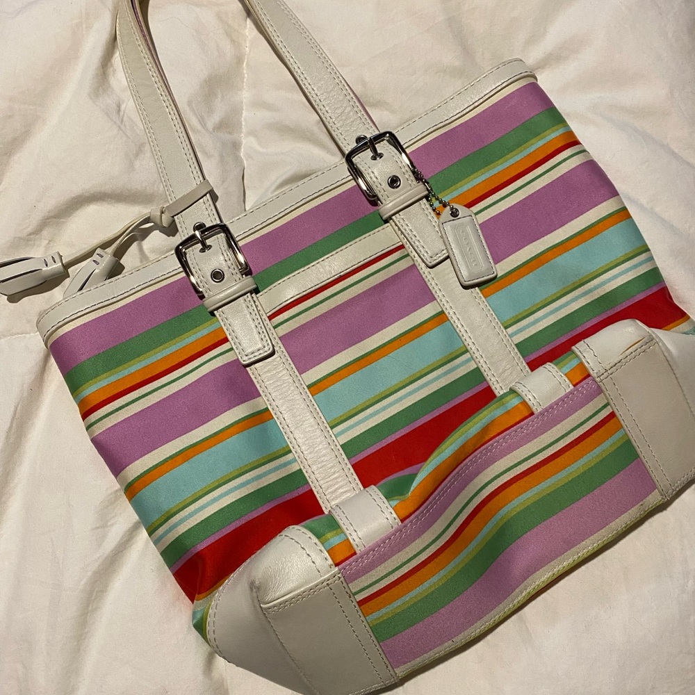 Coach summer stripes handbag purse white handles tote